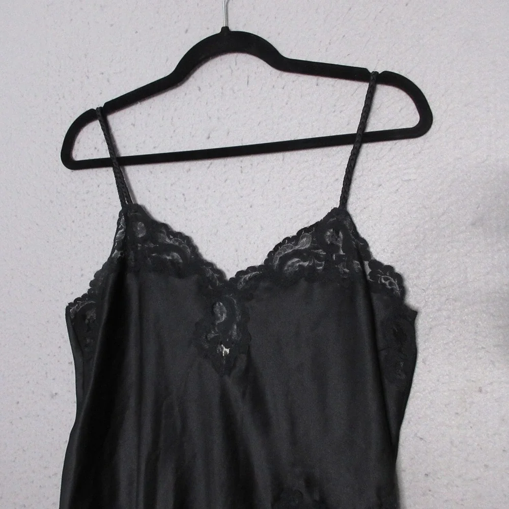 Vintage Victorias Secret Gold Label Slip Dress Black Lace Trim Y2K Mini Nightie